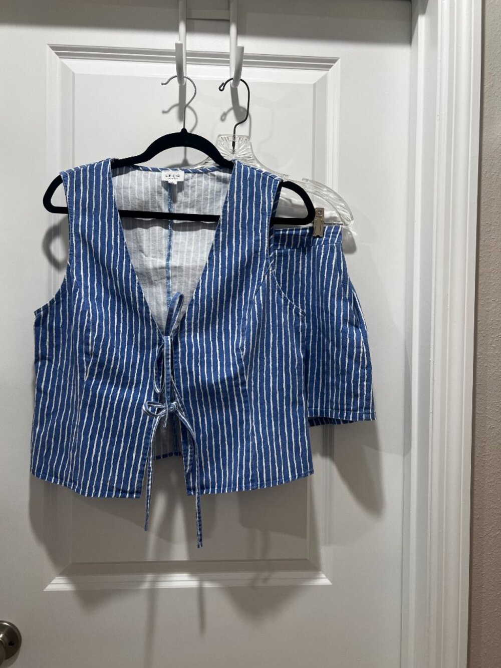 Le Lis Blue White Striped Tie Front Vest & Shorts Set L